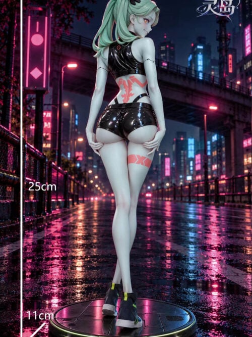 Dimensions card for LingDao Studio's Rebecca 1/6 statue showing measurements of 25 cm height, 11 cm width, and 11 cm depth