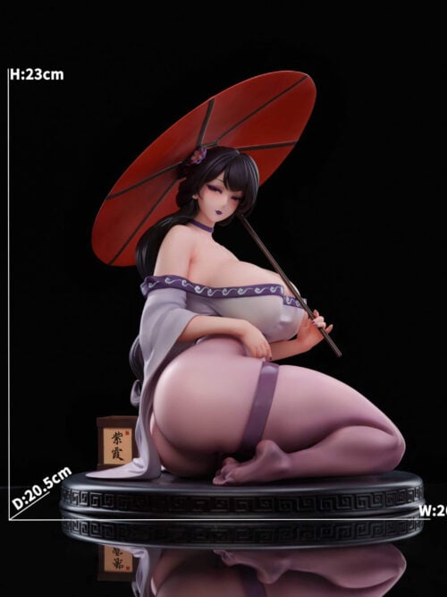 Side view of the kneeling Zixia figure holding a red umbrella on a circular patterned base, with white labels marking height 23 cm, depth 20.5 cm and width 20 cm.