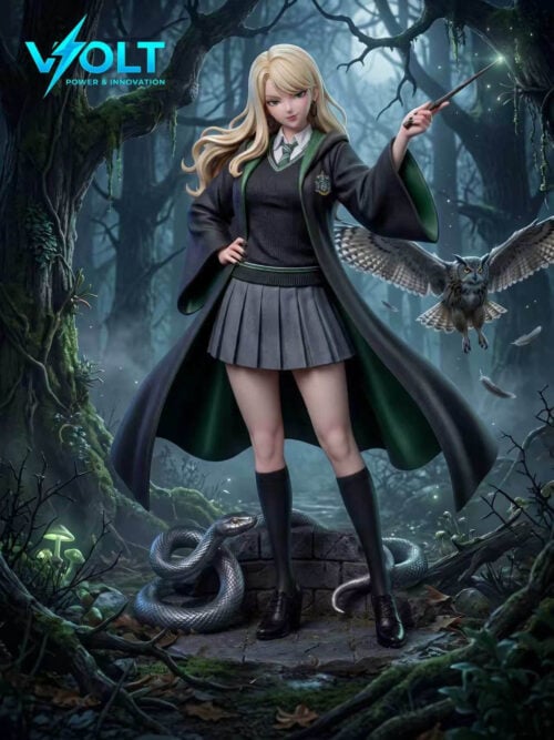 Scenic render of a blonde standing figure in an open dark robe with green lining, gray sweater, striped tie, pleated skirt, and knee-high socks, raising a wand with a glowing tip. A silver snake coils on stone at her feet, an owl flies at the right, and glowing mushrooms appear in a misty forest. VOLT logo at upper left.