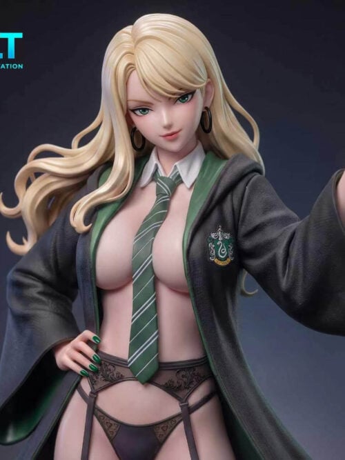 Upper-body view of the lace-outfit figure with long blonde hair, hoop earrings, an open dark robe, striped green tie, and lace garments with garter straps. One hand with green nails holds a raised wand.