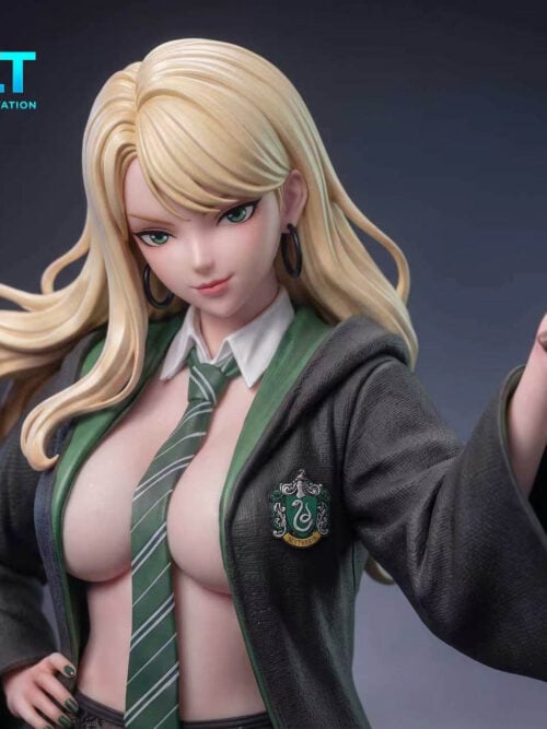 Close-up of the blonde figure’s face with green eyes and hoop earrings, an open dark robe, striped tie, and a small green crest, with a raised wand at the right.