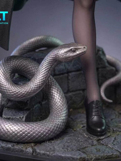 Close-up of a silver-gray scaled snake coiled on the stone base beside a black lace-up shoe and a stocking-covered leg.