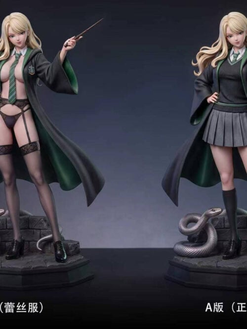 Side-by-side comparison of two standing figures on stone bases with coiled snakes. The left figure wears the lace outfit and is labeled B version; the right figure wears the sweater, pleated skirt, and knee-high socks and is labeled A version.
