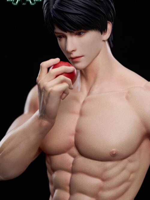 Close-up of the Caleb statue’s face, sculpted black hair, and bare upper torso as he holds a red apple near his mouth against a black background.