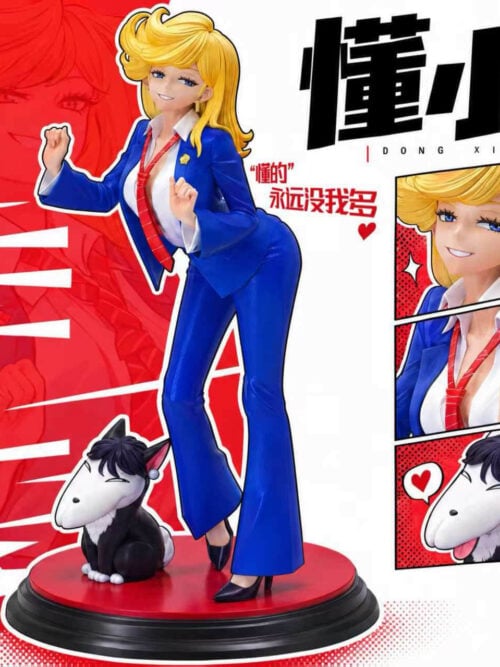 Kin Studio 1/6 scale Trump & Sanae Takaichi (Dong Xiaojie & Xiao Gao) statue showing Dong Xiaojie in a blue pantsuit and red striped tie with the black-and-white dog Xiao Gao on a red-and-black circular base, plus three detail inset panels.