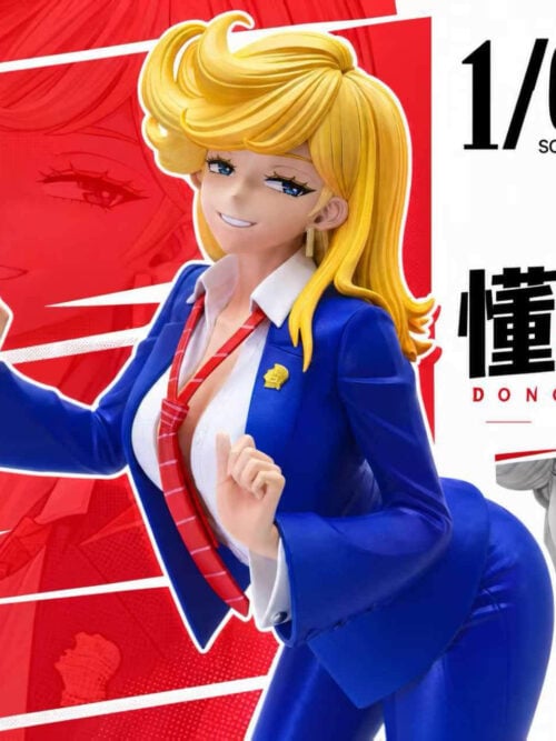 Upper-body three-quarter view of Kin Studio's 1/6 Dong Xiaojie figure leaning forward in a blue suit jacket, open white shirt, red striped tie, and gold-toned profile lapel pin, with a monochrome eye close-up inset.