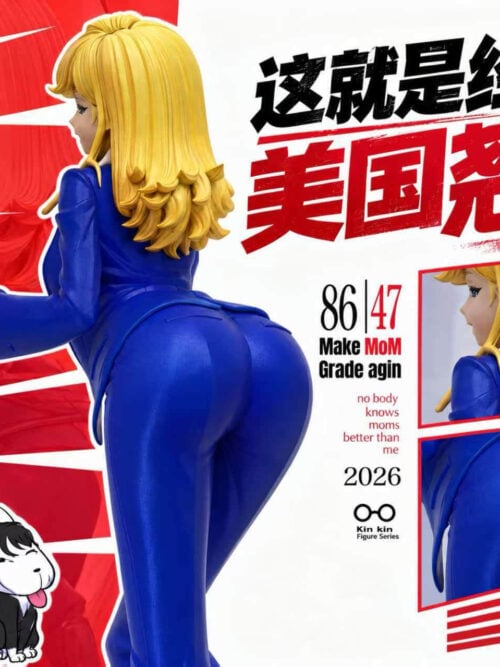 Rear three-quarter view of Kin Studio's 1/6 Dong Xiaojie figure showing the layered back of her blonde hair and blue pantsuit, accompanied by two inset close-up views of her side profile and trousers.