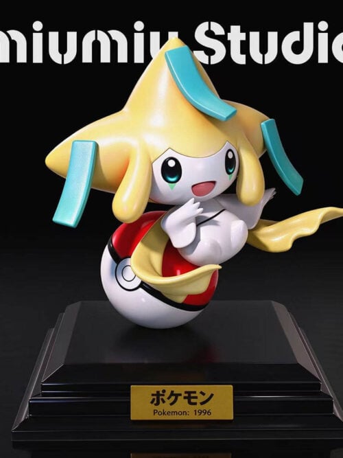 Full studio render of miumiu Studio's 1/10-scale 30th Go! Vol. 7 Jirachi figure balanced on a tilted Poké Ball atop a stepped black pedestal base with a front plaque.