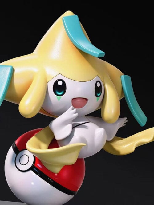 Three-quarter studio render of miumiu Studio's Jirachi figure smiling with its right hand raised to its cheek and yellow streamers curving around a tilted Poké Ball.