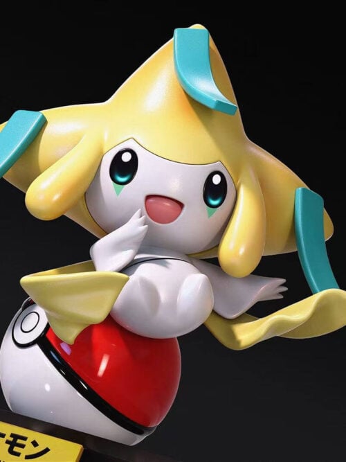 Close-up left-angle render of miumiu Studio's Jirachi figure showing the star-shaped yellow head with three teal tags and open-mouthed expression atop a Poké Ball.