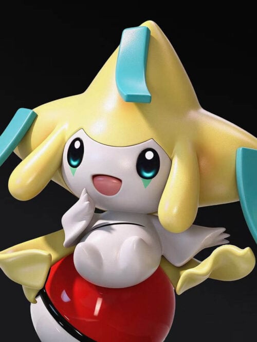 Close-up right-angle render of miumiu Studio's Jirachi figure highlighting its raised right hand, closed belly seam, teal head tags, and flowing yellow streamers.