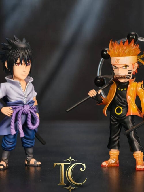 TC Studio Six Paths WCF Vol. 04 Sasuke Uchiha and Naruto Uzumaki stylized figures standing side by side on a dark surface, showing Sasuke with Sharingan and Rinnegan eyes and a purple rope belt, and Naruto with translucent orange hair and coat, a kunai in his teeth, black rods, and six Truth-Seeking Balls.