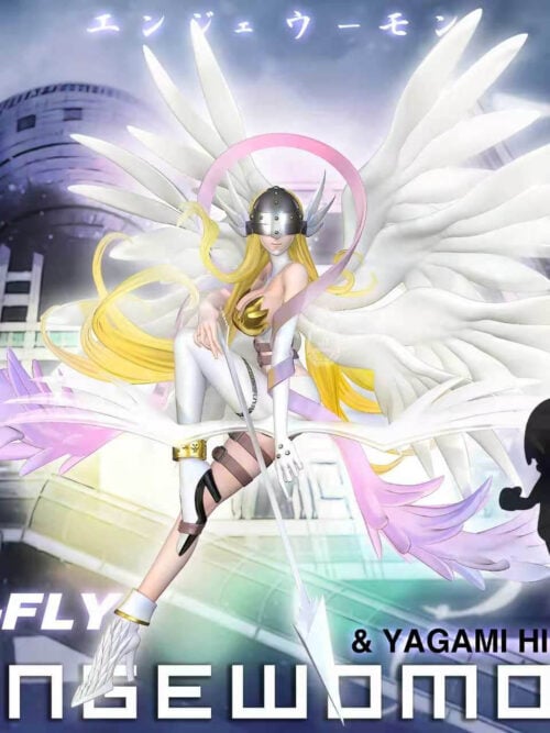 cfs004704 01 Promotional render of JB Studio's Flying Resonance Series Vol. 04 Angewomon airborne with eight white wings, a pink ribbon arching over her silver helmet, a winged bow, and a downward-pointed white arrow, alongside a black silhouette preview of original Digimon Adventure Yagami Hikari.