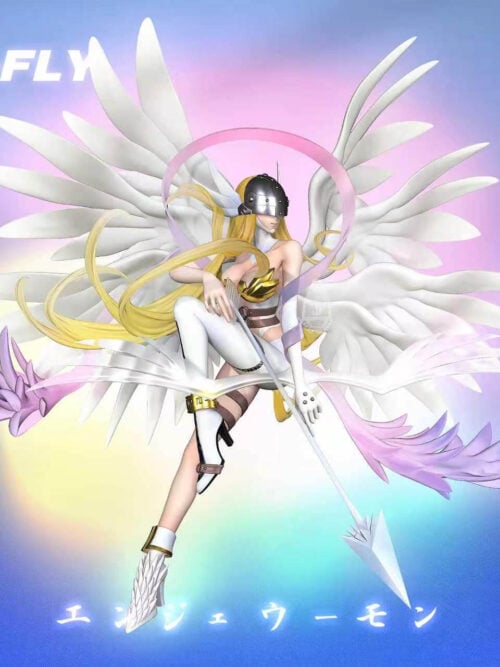 Full promotional render of JB Studio's Angewomon statue from Digimon Adventure against a pastel gradient background, showing her eight spread white wings, arching pink ribbon with feathered lavender-and-blue ends, silver winged helmet, gold chest armor, winged bow, and white arrow.