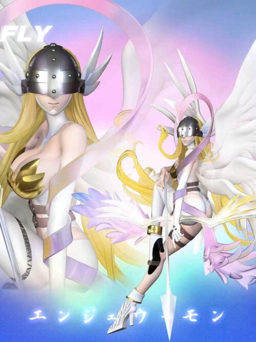 Composite promotional render of JB Studio's Angewomon statue pairing a close-up of her riveted silver winged helmet, blonde hair, gold chest armor, and pink ribbon on the left with a full three-quarter view of her winged airborne pose on the right.