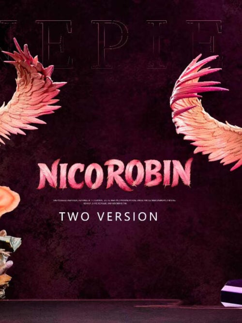Side-by-side comparison of WeiMeng Studio's winged Nico Robin statue showing the Deluxe Version reef base on the left and the Mid-Tier Version purple octagonal base on the right