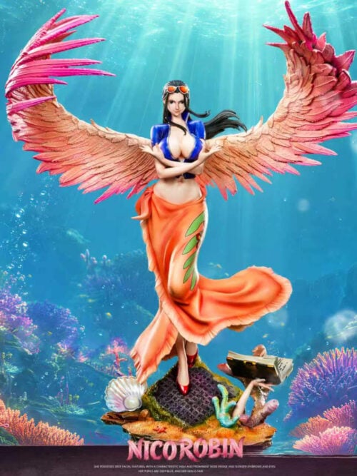WeiMeng Studio 1/7 scale Nico Robin Deluxe Version statue from One Piece with peach-to-pink wings and a Poneglyph reef base against an underwater backdrop