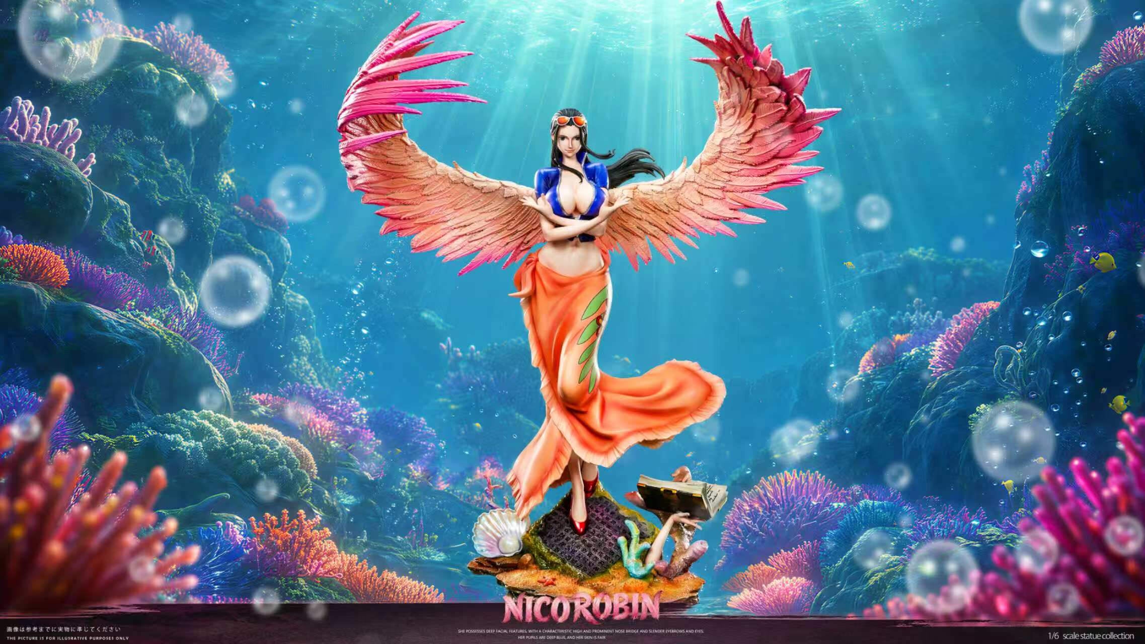 Nico Robin Straw Hat Crew Resonance Series Deluxe Version Full View - WeiMeng Studio WeiMeng Studio 1/7 scale Nico Robin Deluxe Version statue from One Piece with peach-to-pink wings and a Poneglyph reef base against an underwater backdrop