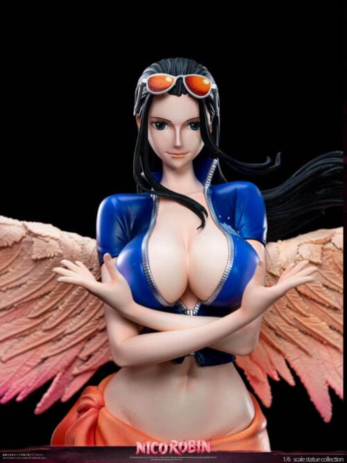 Front upper-body close-up of WeiMeng Studio's Nico Robin statue against a black background showing her facial expression, forehead sunglasses, crossed arms, and blue top