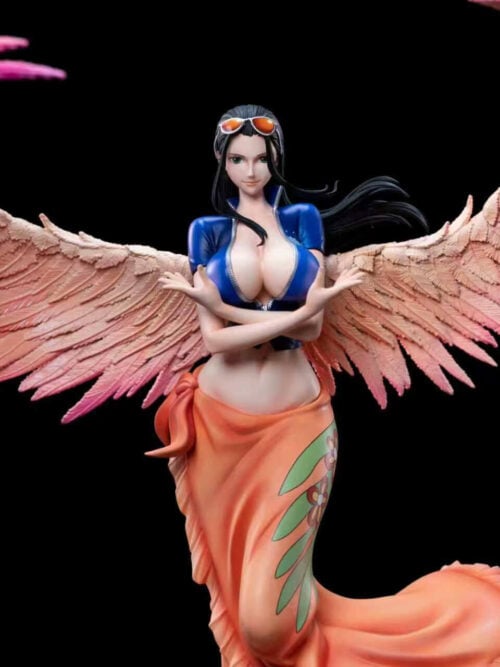 Front three-quarter view of WeiMeng Studio's Nico Robin statue against a black background showing the full spread of her peach-to-pink wings and patterned orange sarong