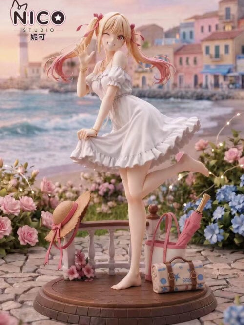 cfs004706 01 Front three-quarter view of Nico Studio's 1/6 scale Marin Kitagawa Holiday Ver. statue from My Dress-Up Darling in a white off-the-shoulder summer dress, waving and standing barefoot on a balustrade boardwalk base with a straw hat, tote bag with umbrella, and shell-patterned case.