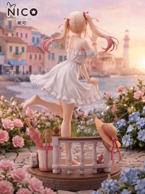 Rear view of Nico Studio's 1/6 scale Marin Kitagawa Holiday Ver. statue showing her pink-tipped blonde twin-tails, white off-the-shoulder dress, raised left foot, and the back of the white balustrade base with the straw hat, tote bag, and umbrella.
