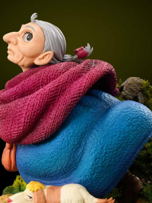 Close-up left profile view of elderly Sophie in a textured magenta knit shawl and blue dress holding a bird-headed walking stick.