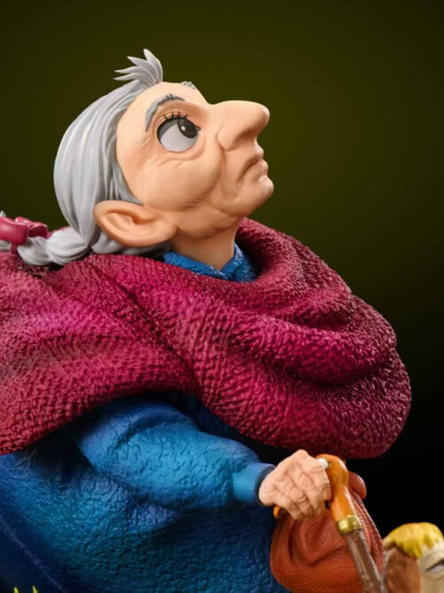 Close-up right-side view of elderly Sophie looking upward with a grey braid, pink hair bow, textured magenta shawl, and walking stick.