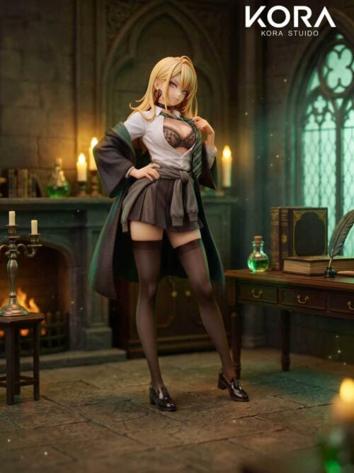 Full-length promotional render of KORA Studio's 1/6 Malfoy Genderbent Version figure in a restyled wizard school uniform with a green-and-silver tie against a candlelit castle room backdrop.