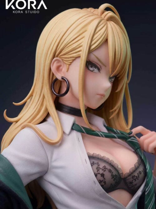 Close-up of the Malfoy Genderbent Version figure's face, blonde hair, black hoop earrings, black choker, open white shirt over black floral lace, and left hand holding a green-and-silver tie.