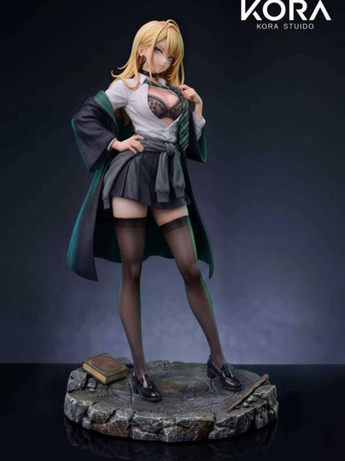 Full-length studio view of KORA Studio's 1/6 Malfoy Genderbent Version figure standing on a circular rune-etched stone base with a closed book and a wand.