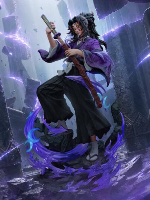 DreamHunter Studio 1/6 scale Kokushibo statue from Demon Slayer posed with his katana on a stepped rock base with purple wisps and blue crescent blades against a ruined pillar backdrop