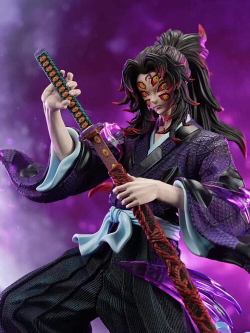 Upper-body view of DreamHunter Studio 1/6 scale Kokushibo statue gripping his eye-lined katana hilt with his right hand and steadying the red scabbard with his left