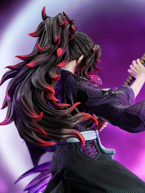 Rear three-quarter close-up of DreamHunter Studio 1/6 scale Kokushibo statue showing his long black hair with red tips and purple hexagonal-patterned kimono sleeve