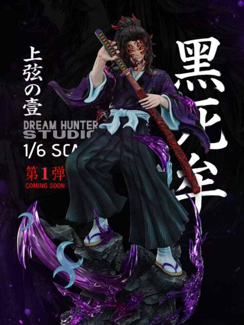 Vertical full view of DreamHunter Studio 1/6 scale Kokushibo statue standing on a stepped stone base with purple energy wisps and pale blue crescent-moon blades against a dark background