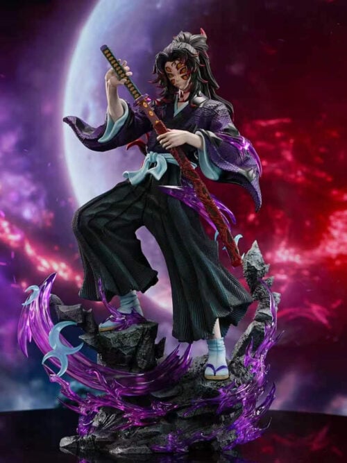 Front-right full view of DreamHunter Studio 1/6 scale Kokushibo statue in a purple hexagonal-patterned kimono and black hakama on a stepped rock base with purple wisps and crescent blades