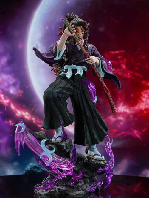 Front-left full view of DreamHunter Studio 1/6 scale Kokushibo statue holding his katana diagonally across his chest atop a rocky base with purple wisps and blue crescent blades