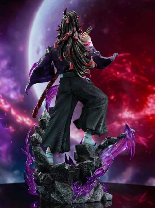 Rear full view of DreamHunter Studio 1/6 scale Kokushibo statue showing his long black-and-red hair, pleated hakama, stepped stone base, and translucent purple wisps