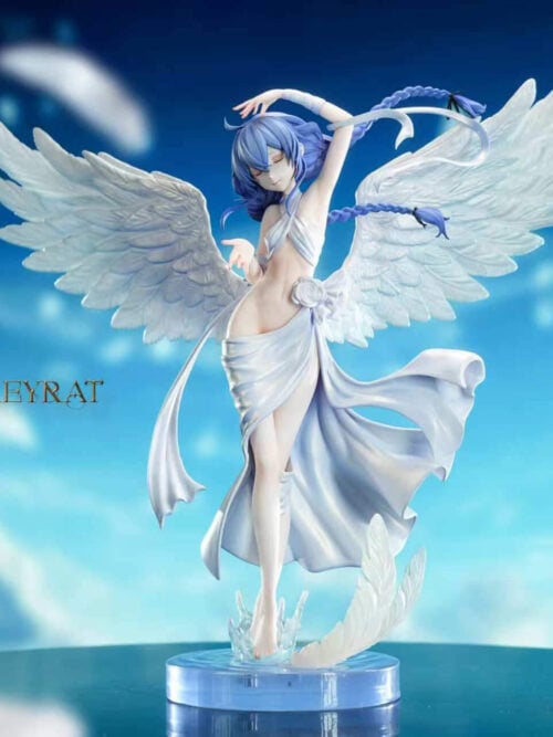 Front full-body view of Impression Studio's 1/6 scale Roxy Migurdia - Angel statue from Mushoku Tensei, showing Roxy with spread white wings, blue braids, a white draped garment with a hip rose, and a translucent blue water-ripple base against a sky backdrop.