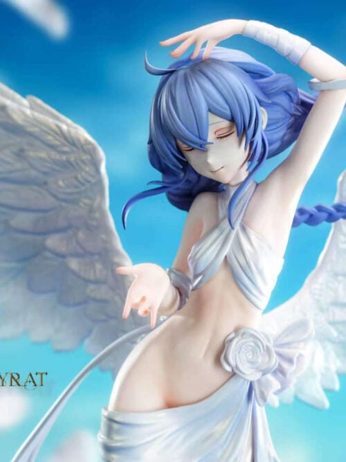Upper-body close-up of the Roxy Migurdia - Angel statue with eyes closed, left arm raised overhead, white ribbons trailing from twin blue braids, spread white wings, and a white rose at the hip.