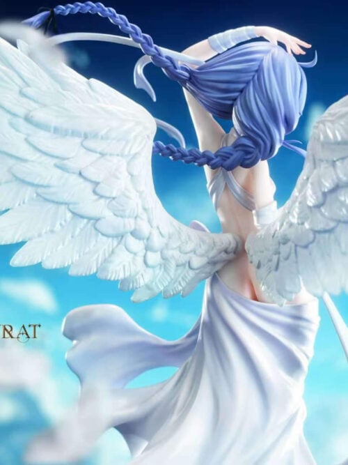 Rear upper-body view of the Roxy Migurdia - Angel statue highlighting the layered white wing feathers, twin blue braids, raised left arm, and low-draped back of the white skirt.
