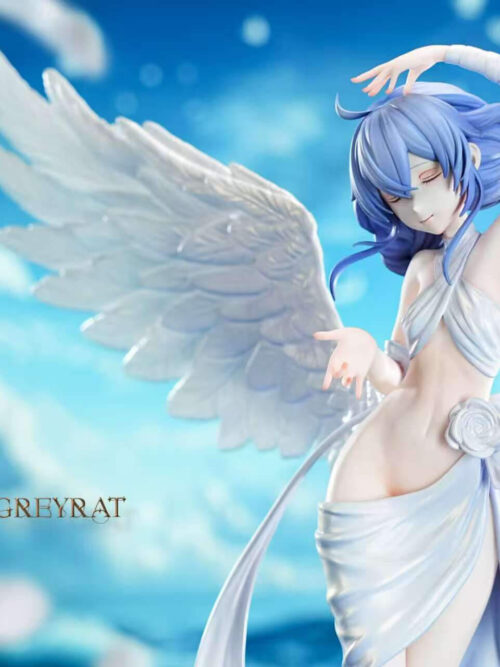Medium front view of the Roxy Migurdia - Angel 1/6 statue from the thighs up, showing her closed-eye expression, spread white wings, and flowing white drapery with a sculpted rose at the hip.