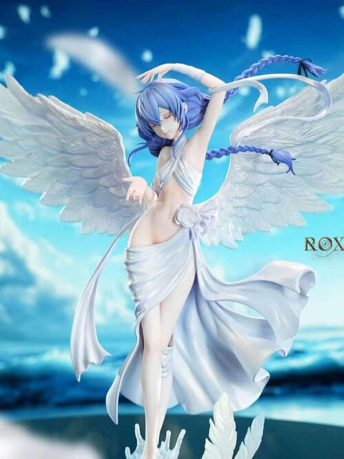 Front view of Impression Studio's Roxy Migurdia - Angel statue against a sky and sea backdrop, showing the full wingspan, flowing white skirt, and water splashes around her ankles.
