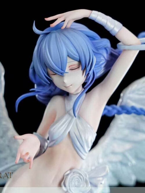 Close-up portrait of the Roxy Migurdia - Angel statue against a black background, showing her closed eyes, soft smile, raised left hand with a white forearm wrap, blue braids, and white wings.