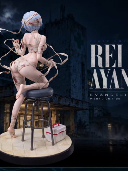 Rear three-quarter view of Li Studio's 1/6-scale Rei Ayanami statue showing the blood-stained bandage wraps across the back of her head, torso, and legs as she kneels on a medical stool above a tiled base.