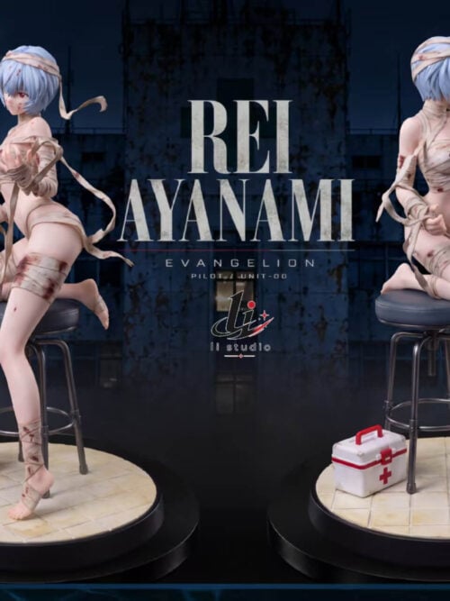 Side-by-side left and right angled views of Li Studio's 1/6-scale Rei Ayanami statue on a circular tiled floor base with a four-legged medical stool and white first-aid box.