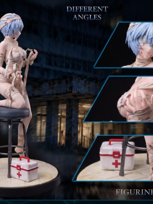 Composite image pairing a side view of Li Studio's 1/6-scale Rei Ayanami statue with three close-up panels of her bandaged portrait, gauze-wrapped torso and hand, and the white first-aid box beside her bandaged foot.