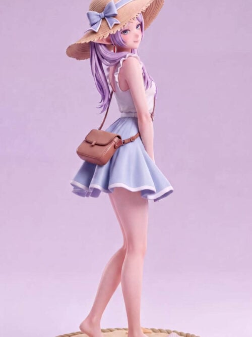 Full-length render of NuoMi Studio's Frieren - Urban Beauty Vol. 02 statue showing Frieren in a straw hat, ruffled white sleeveless top, light blue skirt, and brown crossbody bag standing barefoot on a circular sand base with seashells, starfish, and a wooden sign.
