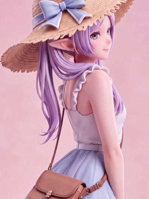 Upper-body side close-up render against a pink background showing Frieren looking back over her right shoulder beneath a wide-brimmed straw hat with a light blue bow, wearing a ruffled white top and brown crossbody bag.