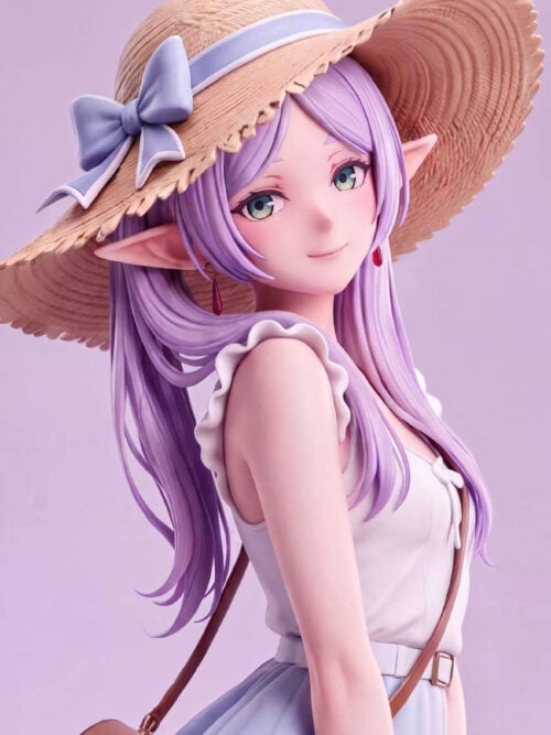 Close-up portrait render of Frieren beneath her bow-trimmed straw hat, highlighting her pointed elf ears, red drop earrings, lavender-tinted twin-tails, ruffled white sleeveless top, and brown crossbody bag strap.